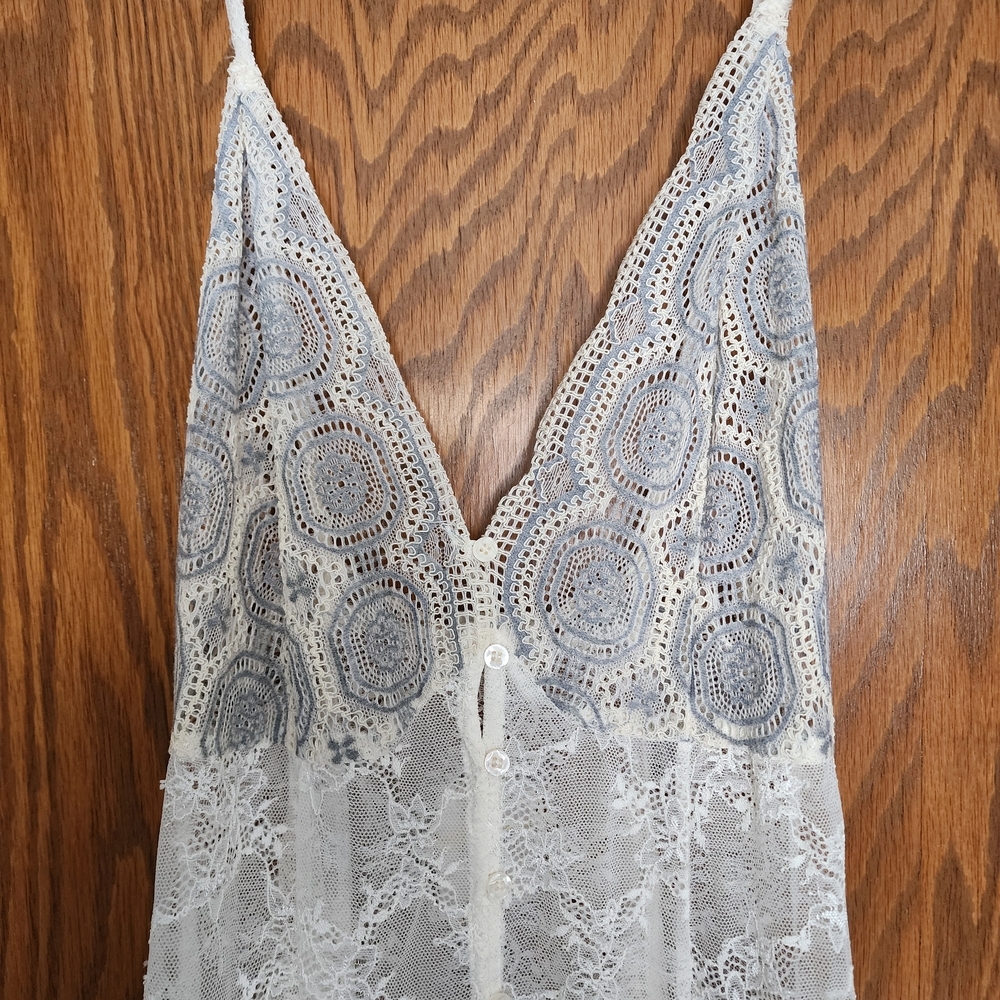Free People Cream and Blue Lace Chemise
